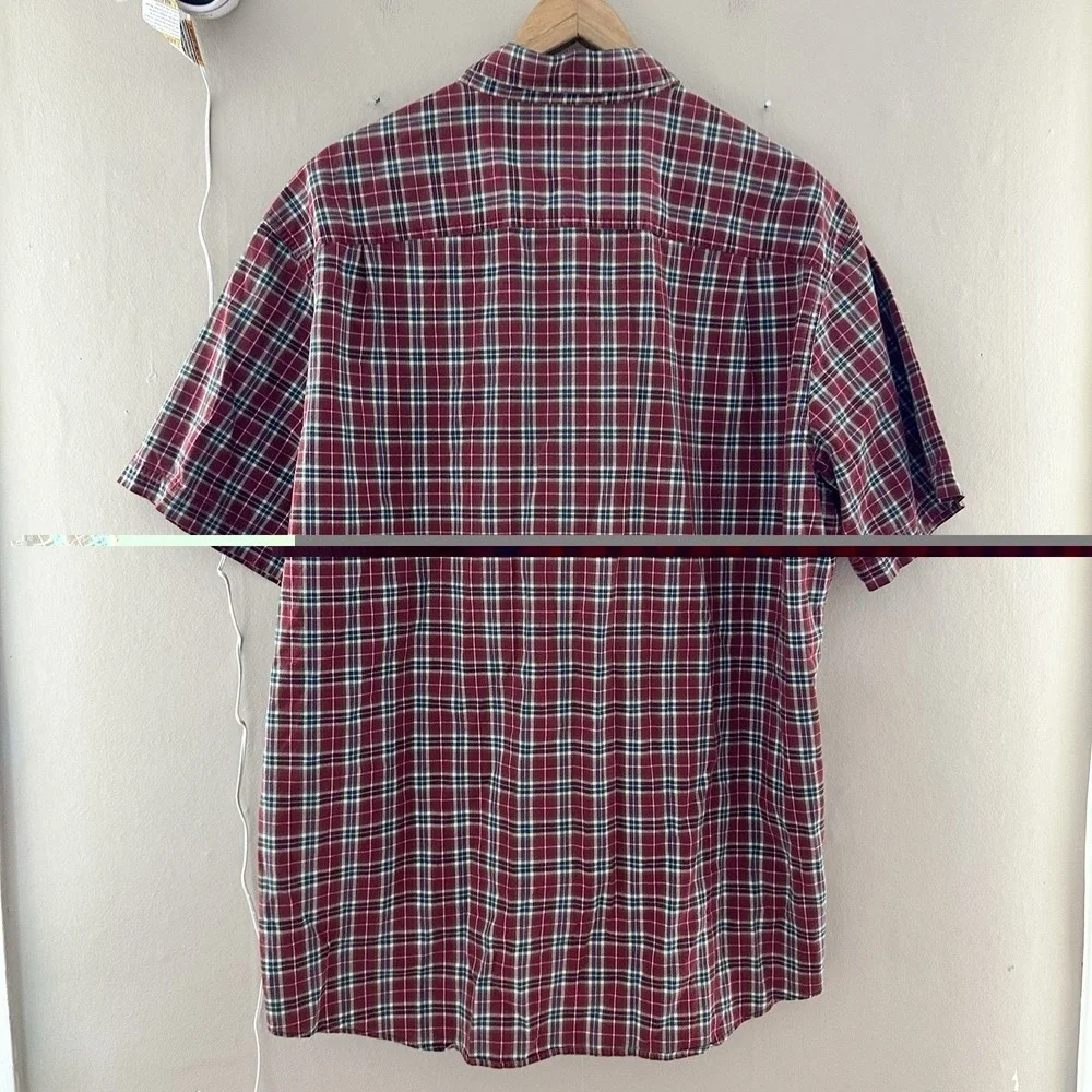LL Bean Mens Button Down Camp Shirt Size L Red Plaid Cotton Short Sleeve Outdoor